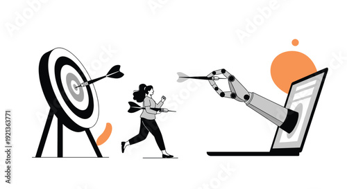 Ambitious woman runs towards a target with darts in her back, while a robot arm from a laptop precisely hits the bullseye, representing digital assistance and goal achievement.