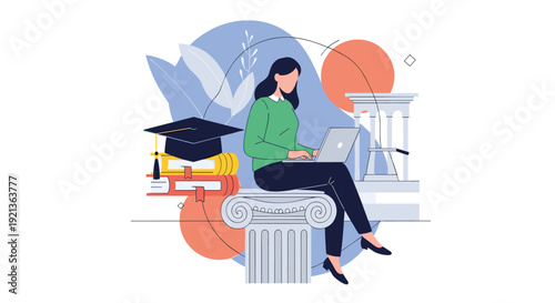 Educated woman works diligently on a laptop while perched on a classical column, surrounded by books and a graduation cap, symbolizing online learning and academic success.