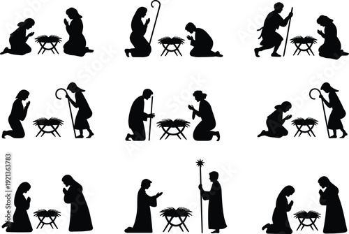 Flat vector silhouettes of nativity scenes with Mary, Joseph, and manger