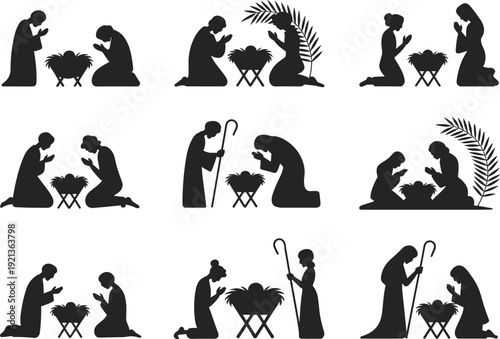 Flat vector silhouettes of nativity scenes with holy family and manger