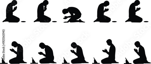 Flat vector silhouettes of Islamic prayer positions with mat and Quran