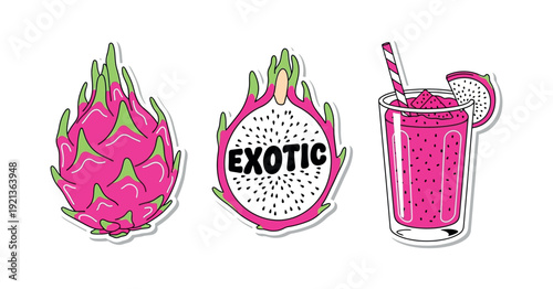 A stickers illustration of a dragon fruit and a glass of exotic juice with a straw, set against a clean white background. 