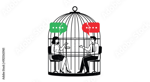 Man and woman are confined within a birdcage, surrounded by broken speech bubbles, symbolizing communication breakdown, restricted freedom, and relationship issues.