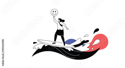 Cheerful woman surfs gracefully on a wave, holding a happy face emoji, symbolizing positivity, resilience, and navigating life's challenges with optimism.