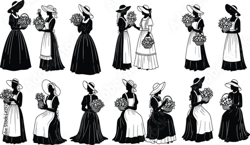 Black vector silhouette set of vintage flower girls in sun hats and aprons holding baskets of blossoms for spring garden and wedding branding