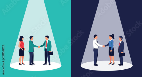 Two distinct pairs of business professionals shake hands under contrasting spotlights, symbolizing successful negotiations, partnership agreements, and diverse business deals.