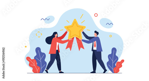 A man and woman proudly hold a giant gold star medal adorned with ribbons, symbolizing achievement, recognition, excellence, and collaborative success.