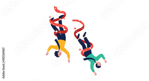 Two men are depicted falling while entangled in celebratory red ribbons, symbolizing unexpected setbacks, loss of control, and professional struggles.