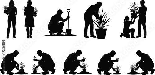 Black vector silhouette set of people planting flowers in pots and digging in the garden for home horticulture nursery and landscaping branding