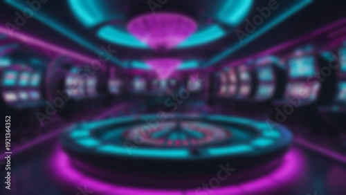 Blurred background of Neon cyberpunk casino tunnel with electric blue roulette table and glowing magenta LED walls, reflective chrome floors bouncing colorful light, midnight but ultra-bright neon.