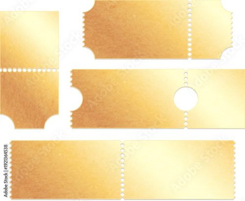 Golden tickets arranged in various shapes and sizes on a white background