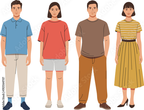 Four young adults standing front view isolated on white background diverse people illustration concept