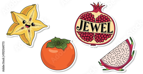 A playful and stickers illustration of various fruits, including starfruit, pomegranate, watermelon, and orange.