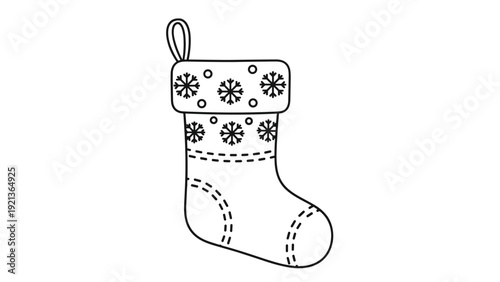 Black and white christmas stocking sketch with snowflake patterns for holiday coloring pages and seasonal winter decorations.