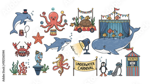 Underwater Carnival: A whimsical illustration depicts a vibrant underwater carnival, showcasing various marine animals performing circus acts.