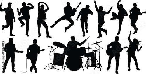 Flat vector musician silhouettes, guitar, drums, dancing, concert performance, entertainment