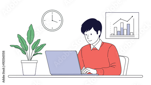 Young man working on laptop at desk with potted plant clock and business graph for remote work and education themes.