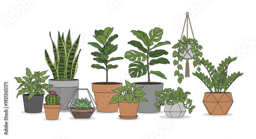 Collection of Potted Plants and Hanging Greenery.