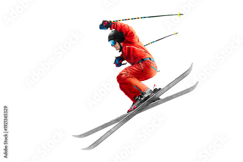 Skiing sport. The skier man doing a trick. Jump. Extreme sports. Skier in action. Advertising. Sportsman in a ski suit. Driving at high speed. Sport. Isolated