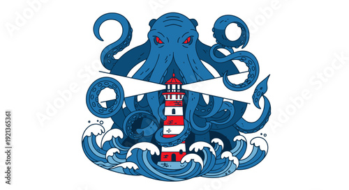 A blue octopus emerges from the ocean waves, holding a white sailing ship with red and white stripes, in a fantastical, illustrative scene from a mythical underwater world.