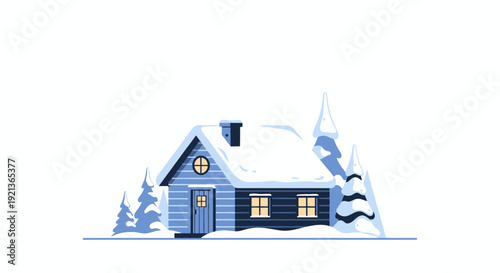A serene winter scene of a cozy blue house with snow-covered roof surrounded by frosty trees in a peaceful landscape viewed from the front