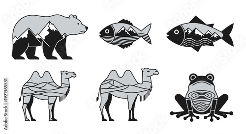 Diverse animals in double outline style, including bear, camel, fish, and frog, displayed in a collection of illustrations
