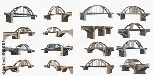 A diverse collection of realistic stone and steel arch bridge designs isolated on a transparent background.