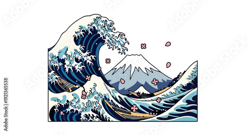 A massive wave crashes against the shore with Mount Fuji in the background, an iconic illustration capturing the power of nature's fury in a traditional Japanese art style from a distant viewpoint