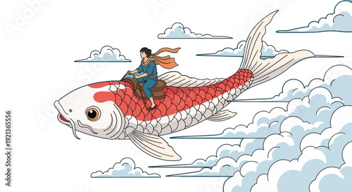 A young girl riding a giant koi fish through the sky with fluffy white clouds surrounding her fantastical journey