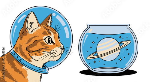 A curious cat wearing a space helmet gazes at a fishbowl containing a planet illustration in a home setting