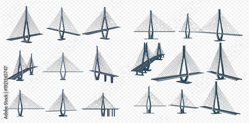 A collection of modern cable-stayed bridge illustrations from various angles and perspectives.