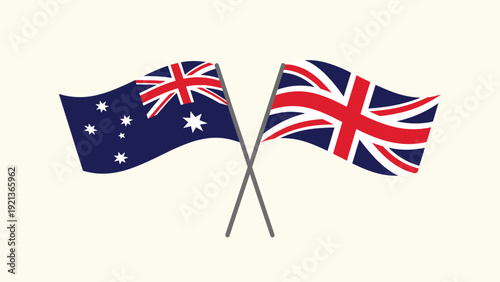 Crossed flags of Australia and United Kingdom for commonwealth relations diplomatic friendship and international sports events.