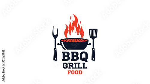 BBQ grill food logo with flaming pot fork and spatula for barbecue parties steakhouse restaurants and outdoor cooking.