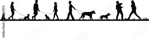 Flat vector dog walking silhouettes, people with pets, outdoor park social activity