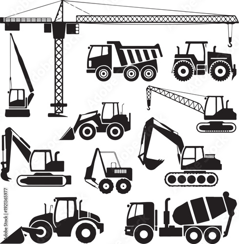 Set of heavy construction machines icons. Vector illustration
