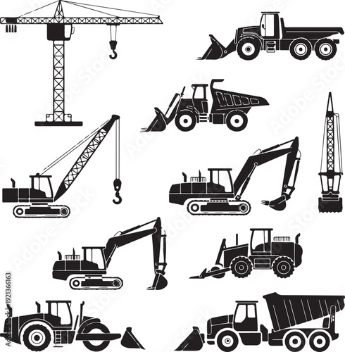 Set of heavy construction machines icons. Vector illustration