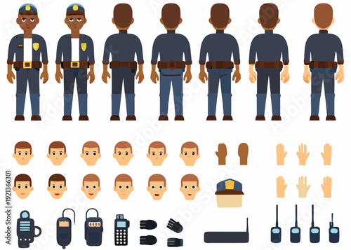 Cartoon police officers and related equipment character design sheet