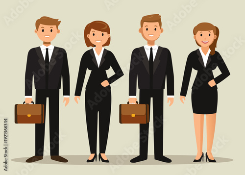 Four business professionals in suits stand in a row smiling cheerfully
