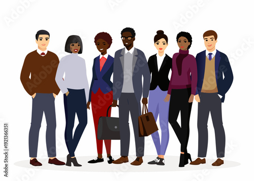 Diverse group of people standing together illustrated in a flat style