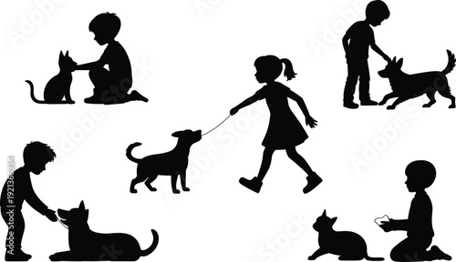 Flat vector children silhouettes, pets interaction, dogs and cats, playful bonding