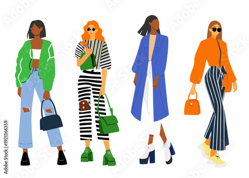 Four fashionable women illustrated in a modern minimalist style