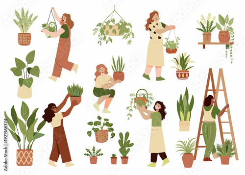 Women tending to houseplants in a colorful illustrated botanical collection