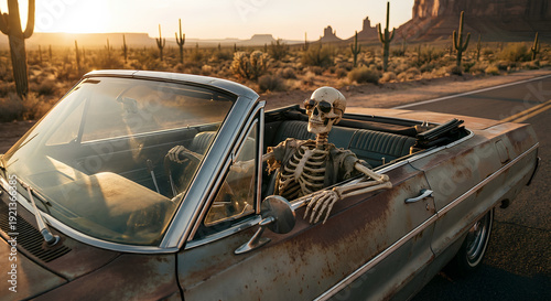 Skeleton Driving Vintage Convertible Through Desert Highway at Sunset