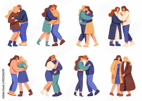 Diverse couples embracing in warm affectionate hugs vector illustration set