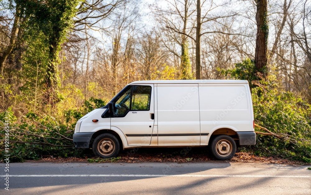 Fototapeta premium Delivery Van Broken Down on Roadside in Forest