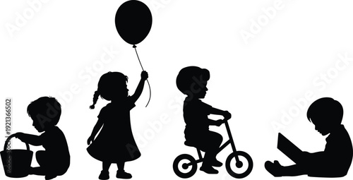 Flat vector children silhouettes playing reading riding balloon basket activity illustration