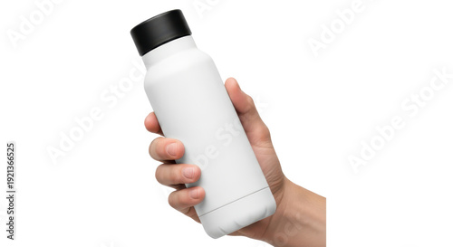Hand holding white reusable water bottle. Insulated steel thermos mockup. Isolated on transparent background, png