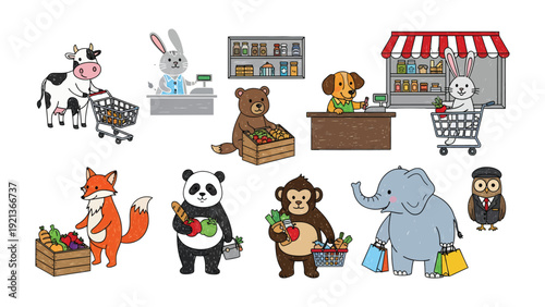 Cartoon Animals Shopping: Adorable cartoon animals engage in shopping scenarios, showcasing a lively and whimsical depiction of purchasing activities in various settings.