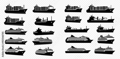 A diverse collection of black ship silhouettes including cargo, tanker, and cruise vessels.