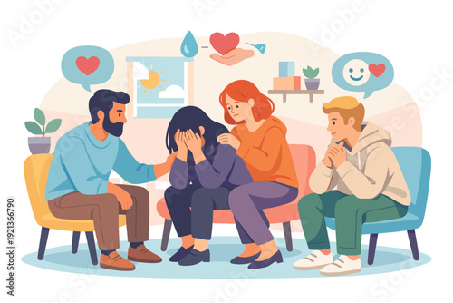 Group therapy session and emotional support counseling illustration
